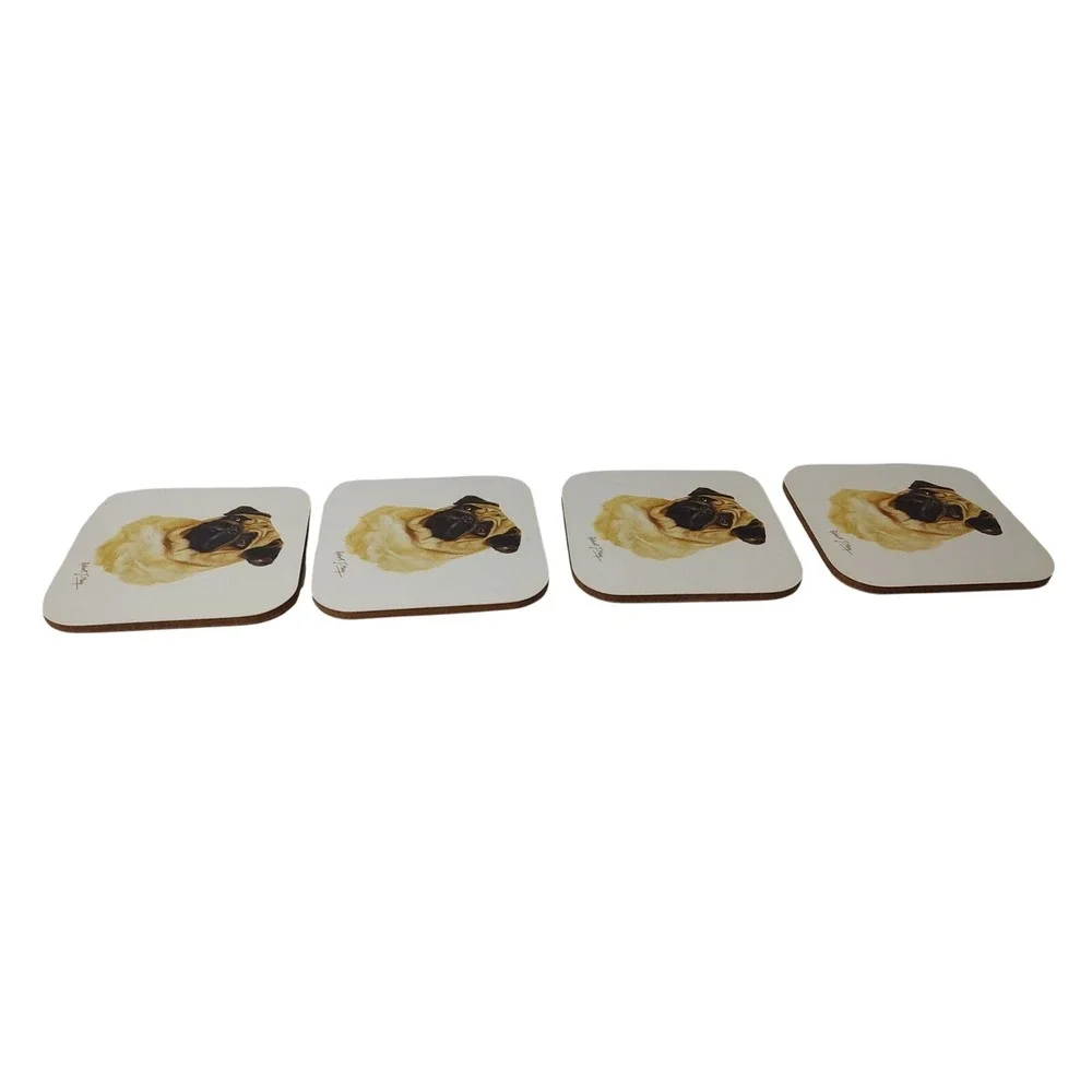 Dog Pug Drink Coasters Cork‎ Lot of Four 1993 Artist Robert J May Puppy Lover
